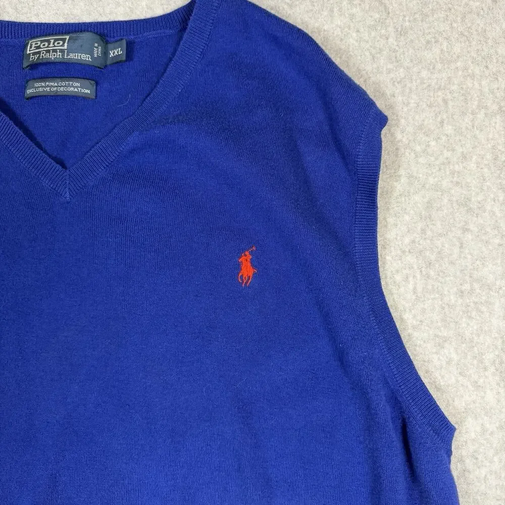 Vintage Polo Ralph Lauren Blue Sweater Vest Mens XXL Cotton Knit Golf 90s Preppy